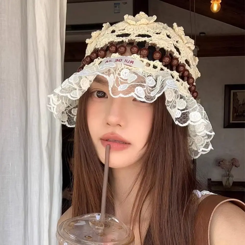 Korean Handmade Crochet Bucket Hat Hollow Ruffles Beads Knitted Hat Women Flower Weave Basin Caps Ladies