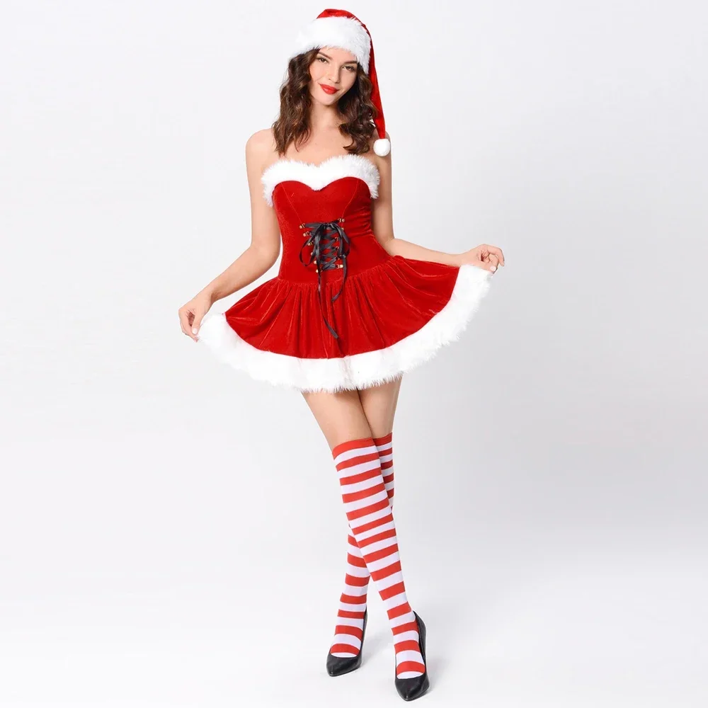 

Elegant Sexy Ladies Cosplay Costume Red Christmas Dress Santa Claus Suit Stage Show Clothing Dancing Robe Gowns