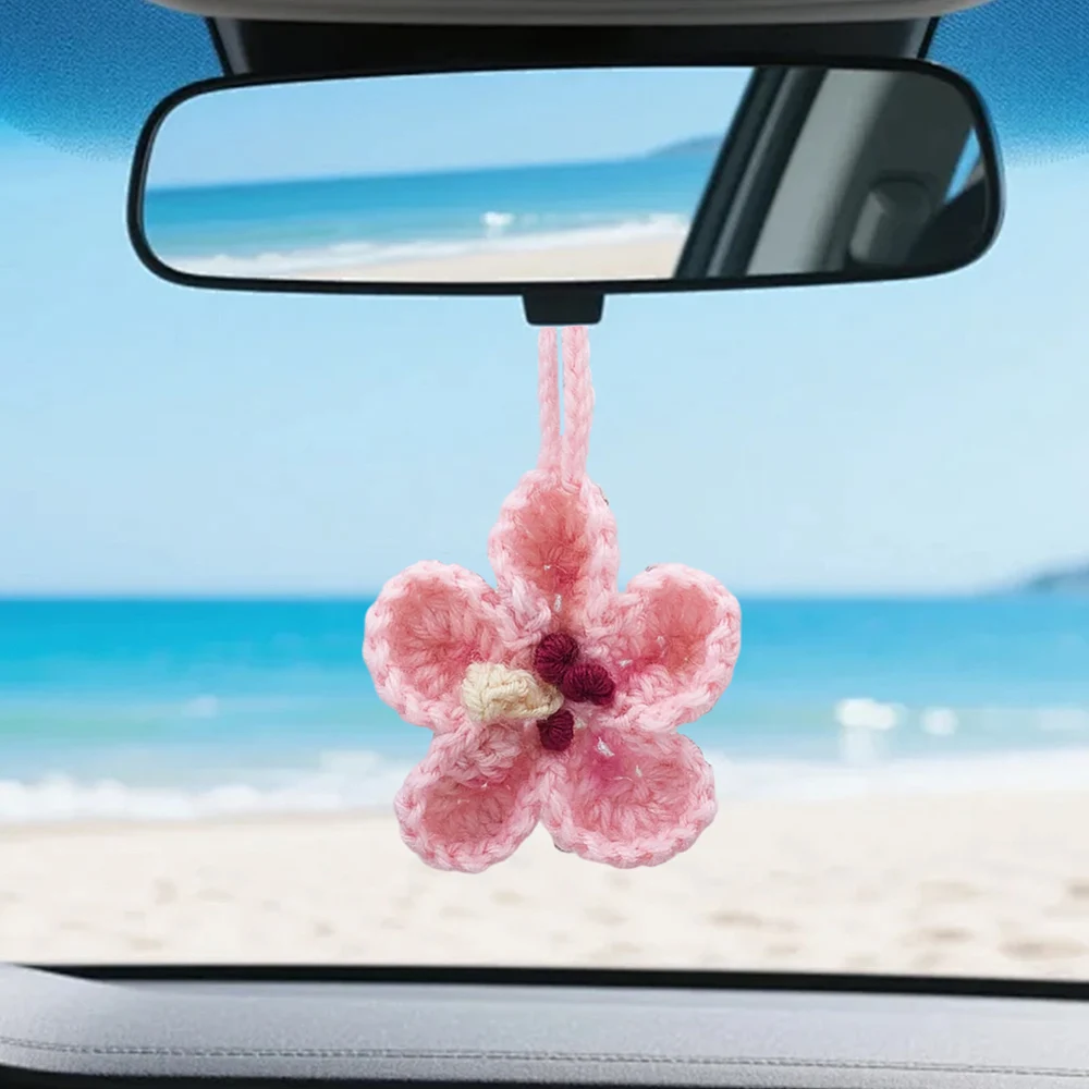 1 Box 1Pcs Hanging Flower Car Charm Crochet Car Mirror Charms Bulk Hibiscus Pink Flowers Hawaiian Tropical Polyester Hanging