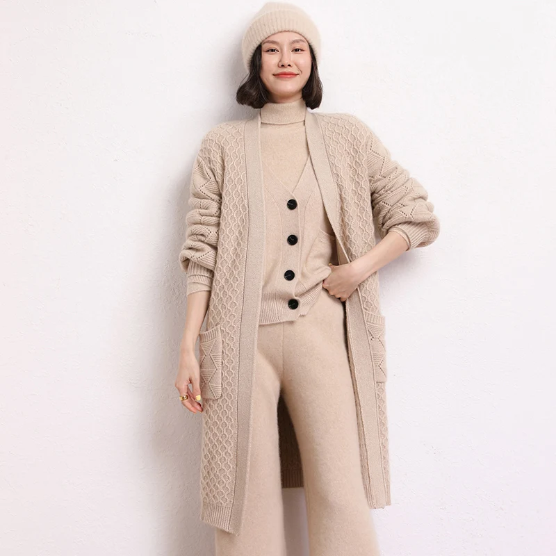 Hot Sale Autumn Winter New 100% Cashmere Cardigan Sweater Women\'s Solid Color Thicking Soft Fashion Long Coat Female