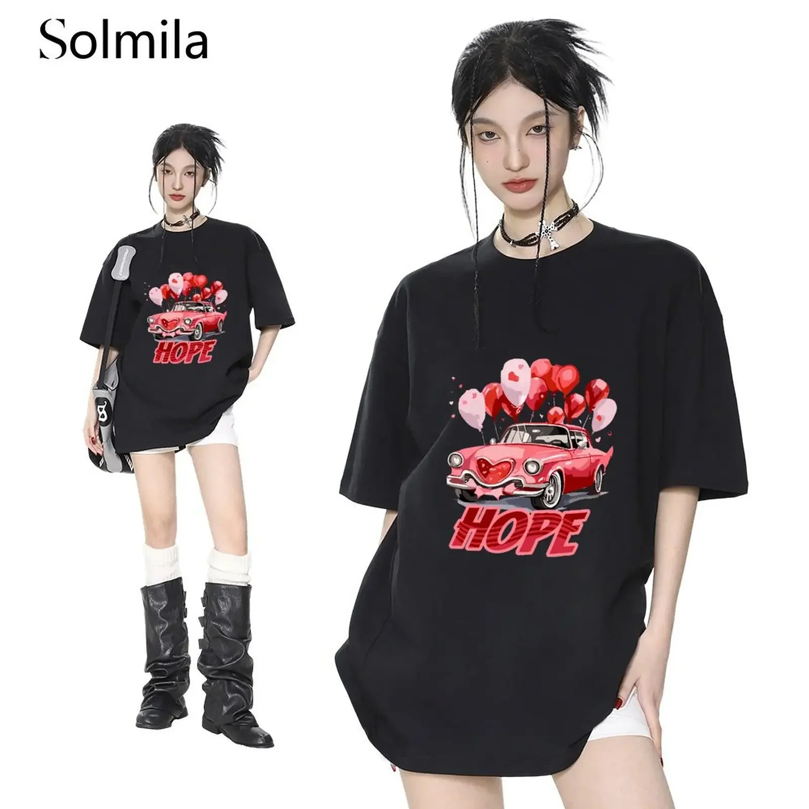 

Summer Women Simple Car Pringted Solid Color T Shirt Korean Y2k Causal Breath Comfortable Short Sleeve Woman Clothing Classic