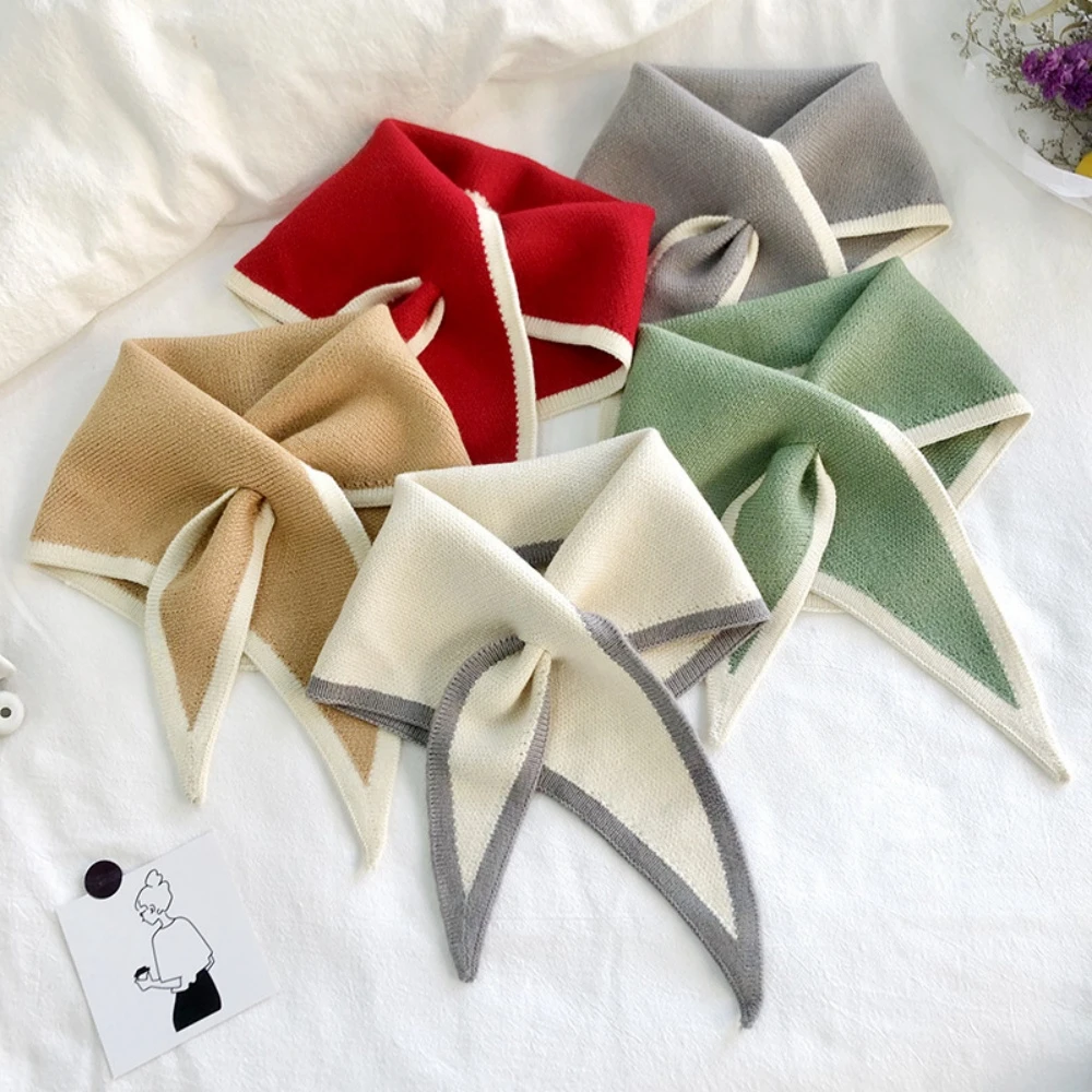 Women's Knitted Triangle Scarf Warm Cute Crossed Wear Tricot Ladies Windproof Neckerchiefs Sweet Simple Small Scarves Neck Cover - Image 5