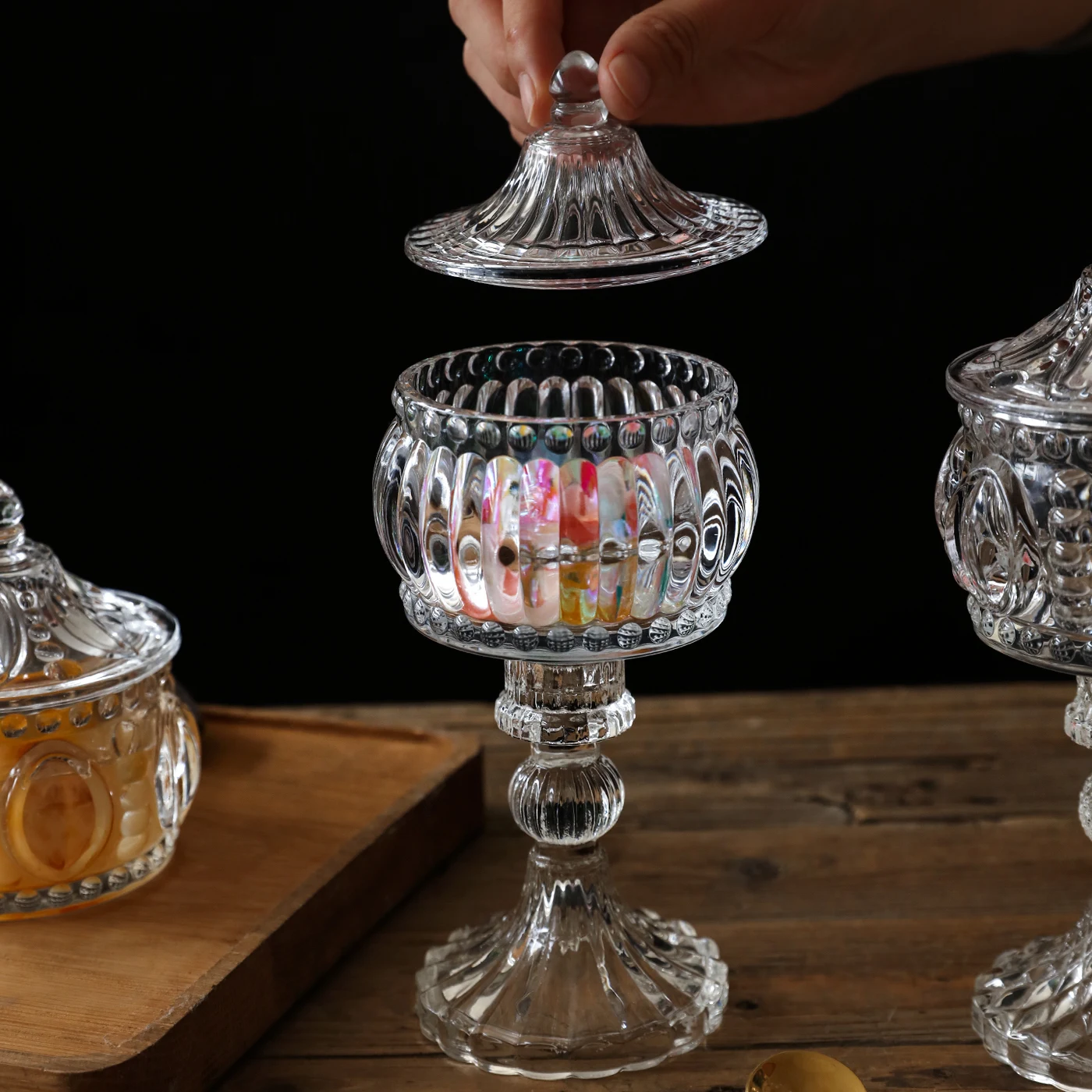 European Relief Glass Storage Jar with Lid Transparent Candy Storage Jar Home Desktop Ornaments Tall Glass Jar Ornaments