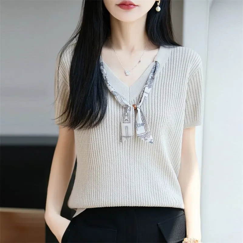Women Clothes Summer Casual Korean Fashion Loose Solid Color O-neck Ice Shreds Female Temperament Slim Short Sleeve Cardigan