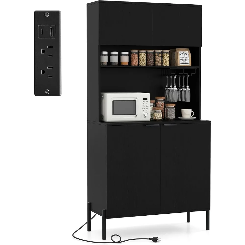 64.5” Tall Kitchen Pantry Cabinet, Buffet Sideboard with Charging Station, Modern Wine Bar Cabinet with Wine Glass Rack,