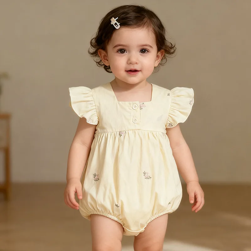 Girls Onesie 2026 Spring and Summer New Childrens Wear Korean Style Girl Baby Cute Embroidery Broken Flower Flying Sleeve Onesie