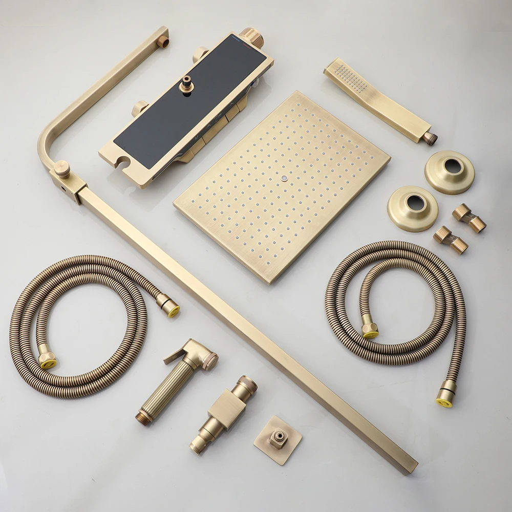 Sistem Shower Termostatik KEMAIDI Set Keran Shower Kamar Mandi Kuningan Antik dengan Layar Digital 4 Fungsi Shower Hujan