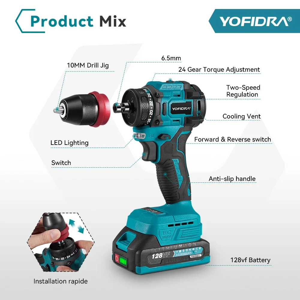 YOFIDRA 10mm Brushless Electric Drill Screwdriver 21+2 Torque Cordless Efficient Impact Drill Power Tool For Makita 18V Battery