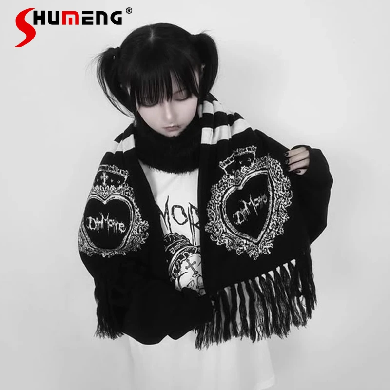 サブカルチャー-マイン-ブラック-ゴシック-スイート-クール-スカーフ-秋冬新作-ガールズ-レタープリント-ニットスカーフ-原宿系-日本女性用スカーフ