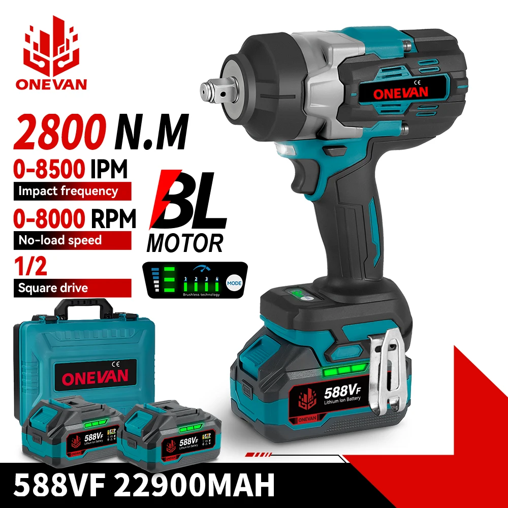 ONEVAN 2800N.M 2800W Brushless Electric Impact Wrench 1/2 Inch Cordless Impact Wrench Screwdriver Tool For Makita 18V Battery