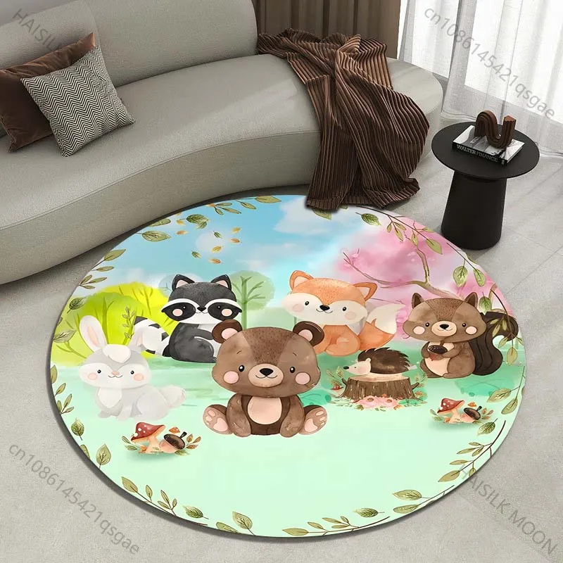 Cute Animal Forest Gathering Illustration Printed round carpet living room sofa table carpet large pet mat soft round carpet