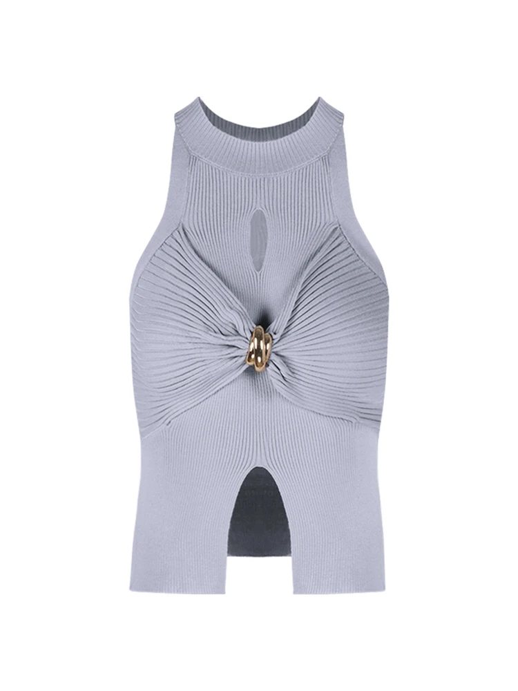 Top Sem Mangas Sexy de Tricô com Recortes, Estilo Pure Desire para Mulheres, Ajuste Justo, Roupa Interna para Verão, Moda par...