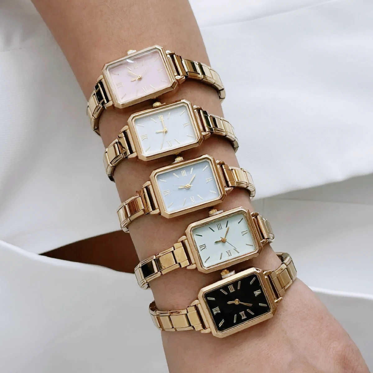 Fashion Minimalist Ladies Quartz Watch Slim Stainless Steel Link Band Vintage Roman Numeral Dial Pastel Wristwatch Daily Gift