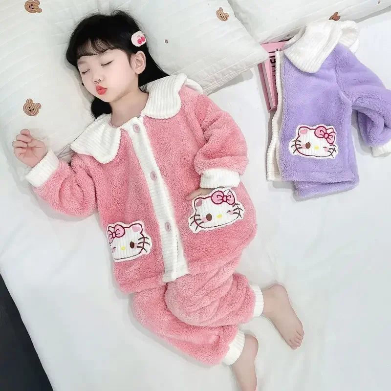 Sweet Hello Kitty Anime Sanrio Kawaii Lange Mouw Jas Panst Pyjama Schattige Baby Dik Koraal Fluwelen Homewear Kleding Geschenken Speelgoed