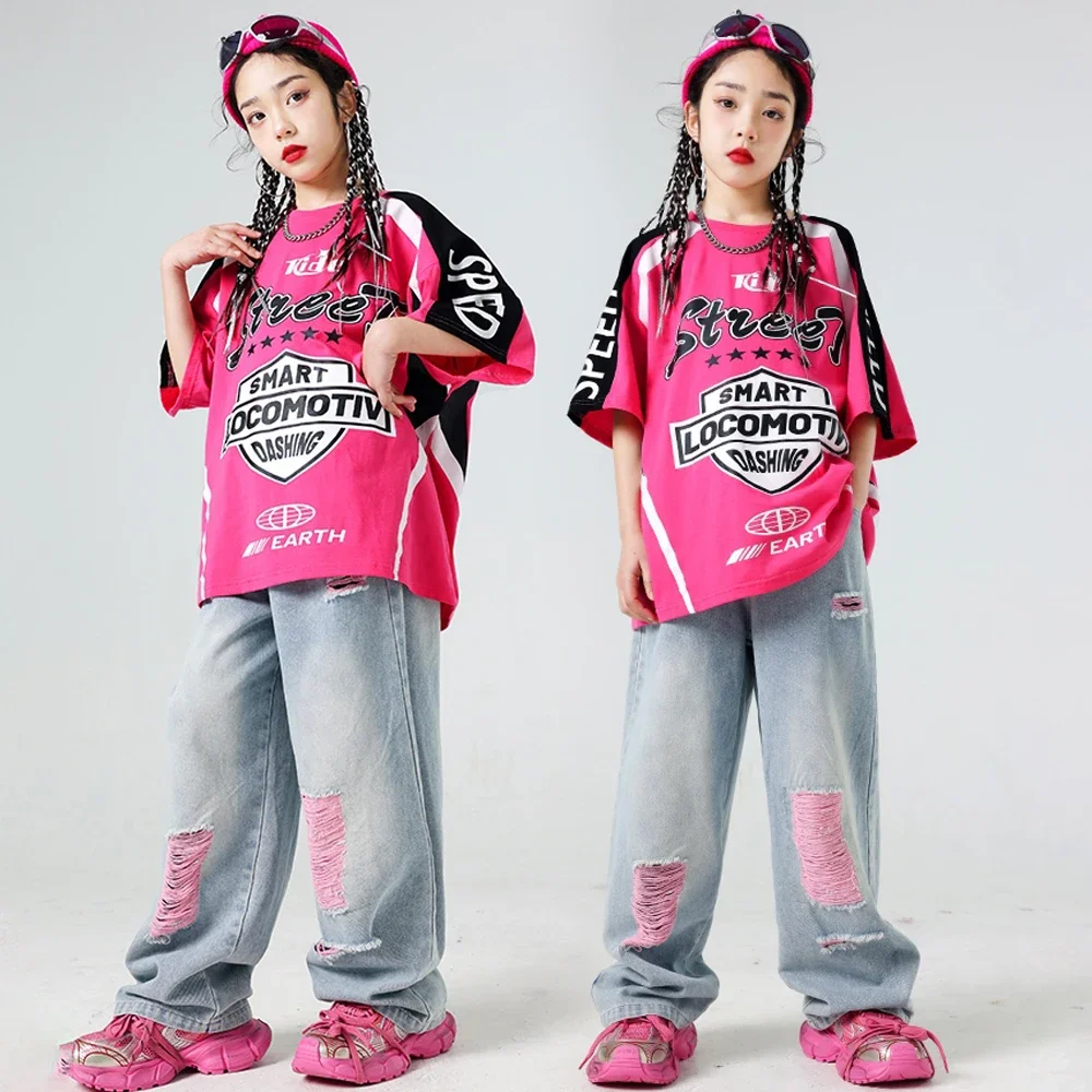 Street Dance Suit Kids Kpop Hip Hop Set Model Runway Performance Costumes Denim Casual Pants Girls Jazz Dance Clothing AMY222