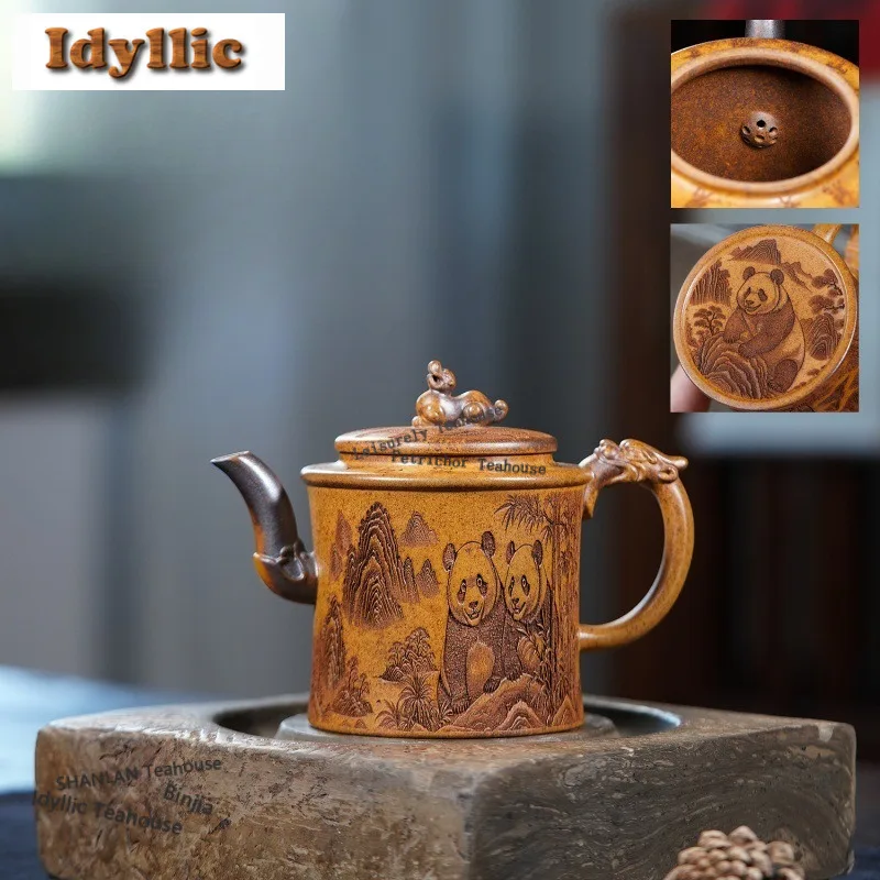 

340 мл Роскошные чайники Исин из фиолетовой глины, горшок ручной работы с пандой, необработанная руда, фарфоровый чайник с грязью, чайный сервиз Zisha, подарочные принадлежности