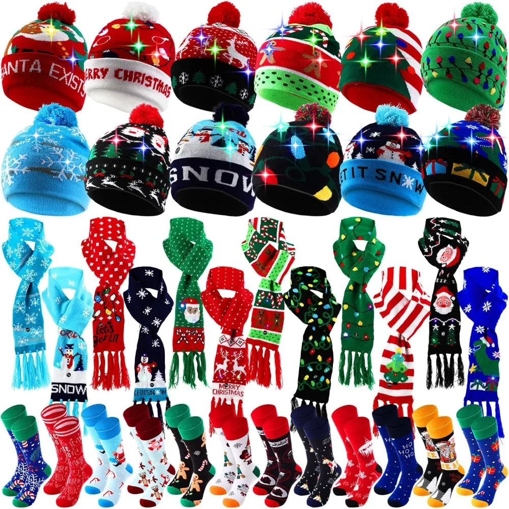 36 Pcs LED Christmas Hats Set 12 Christmas Light up Beanies Hat 12 Christmas Scarf 12 Pair Xmas Stockings