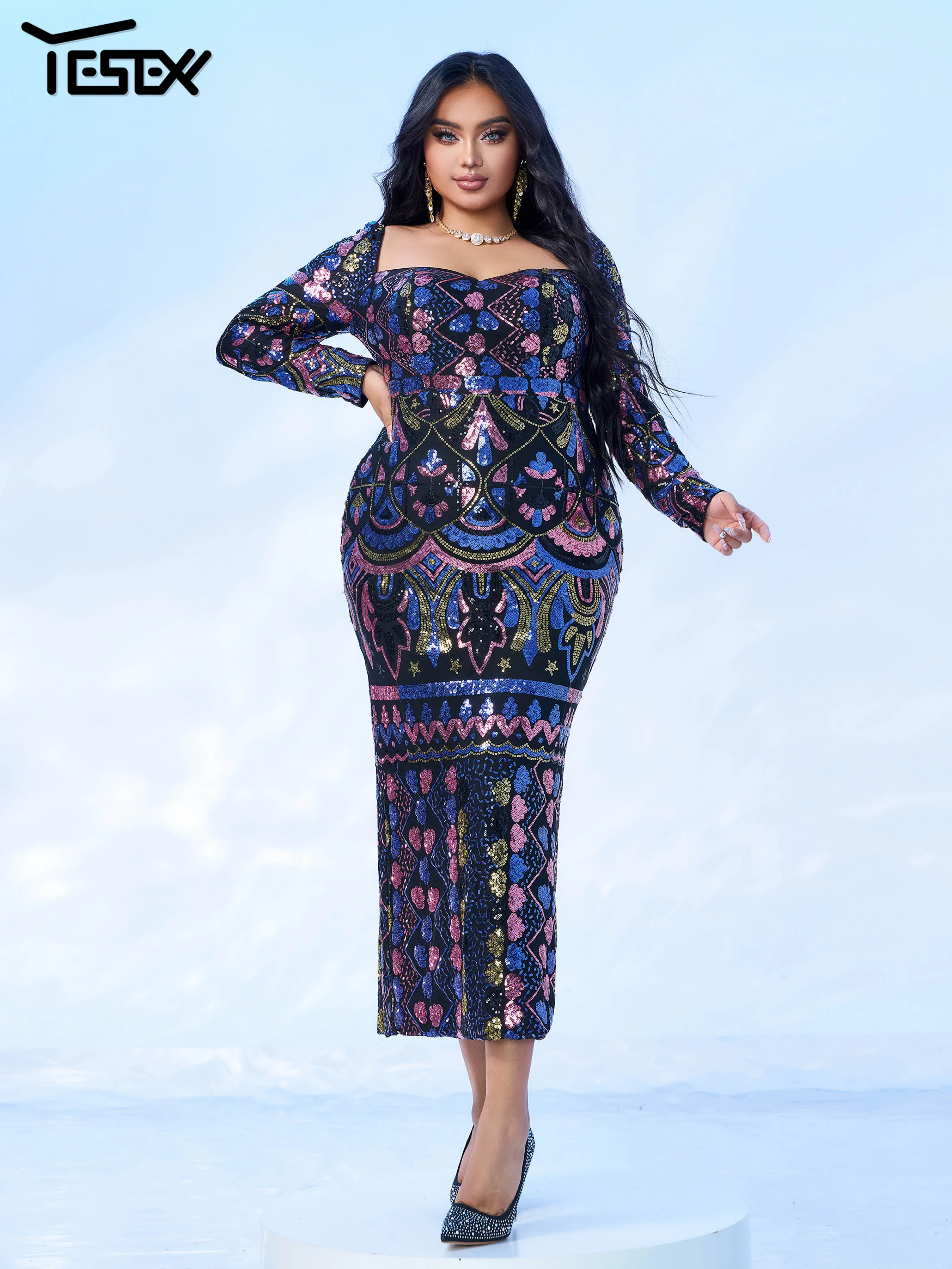 Yesexy New Plus Size Birthday Party Dress Square Neck Long Sleeved Midi Length Sequin Evening Gown Cocktail Prom Dress