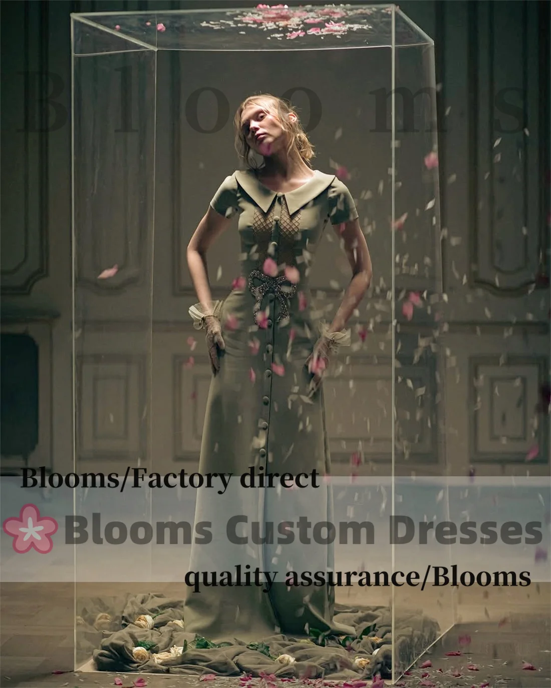 Customized Sage Green Bow Beaded Elegant Evening Dresses For Special Occasions Short Sleeve Buttons A-Line Prom Dress Party Gown