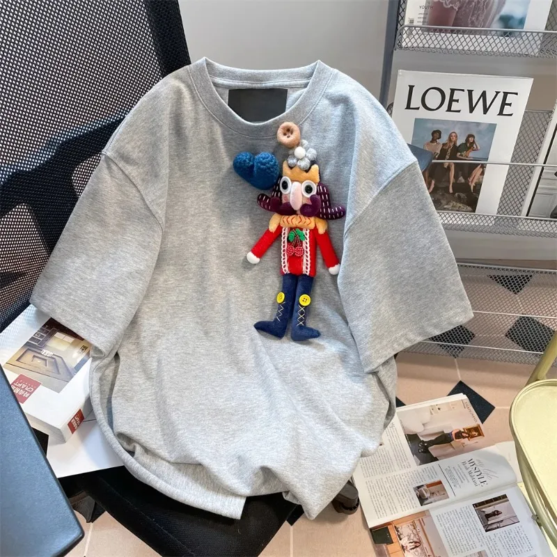 Hikigawa Chic Fashion Women 3D Cartoon Doll Patchwork Short Sleeve Shirt Summer Vintage All Match O Neck Short Sleeve Tops Mujer