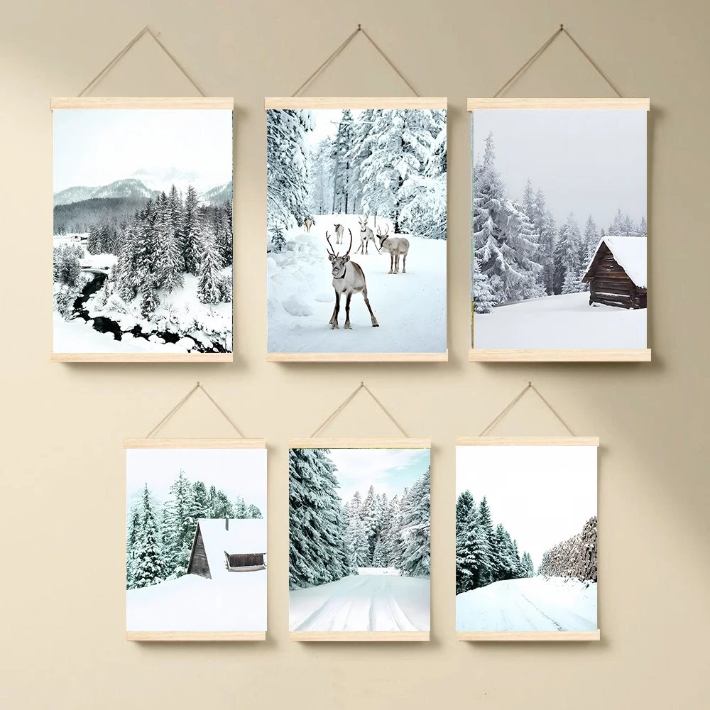 Winter Landscape Wood Hanging Scroll Canvas Painting Modern Home Decor Wall Art Forest Snow Scenery Posters for Living Room Desi
