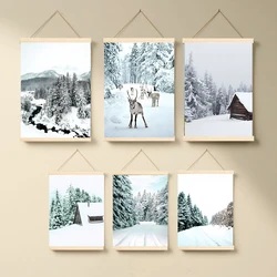 Winter Landscape Wood Hanging Scroll Canvas Painting Modern Home Decor Wall Art Forest Snow Scenery Posters for Living Room Desi