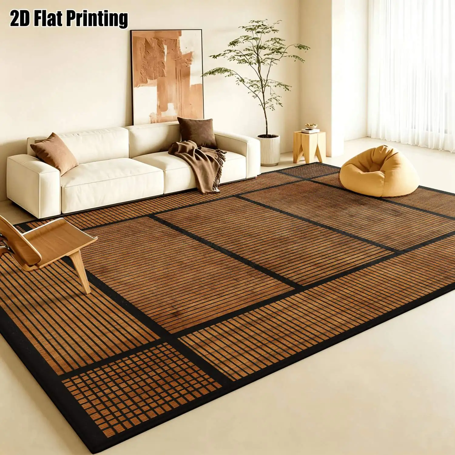 1Pc 2D Printed Retro Brown Black Geometric Stripe Carpet, Nordic Modern Minimalist European Vintage Style, Multi-Size Machine Washable Home Decor Rug for Entrance, Dining, Foyer, Study, Living Room, Bedroom