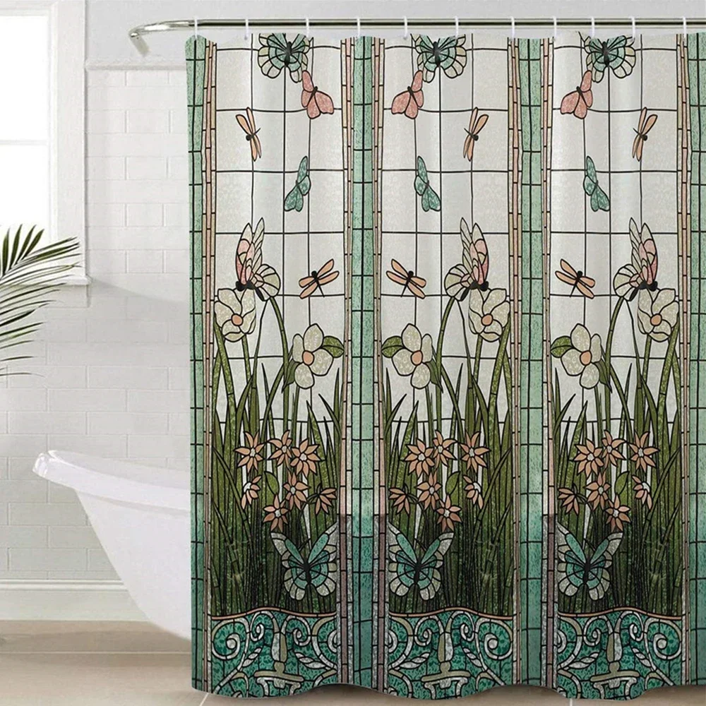 Waterproof Shower Curtain Stained Glass Meadow Flower Dragonfly Polyester Fabric Bath Curtain Home Hotel Bathroom Shower Curtain