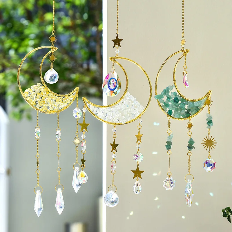 Moon Suncatcher Crystal Wind Chime Gold Moon Metal Hanging Pendant Diamond Rainbow Sun Catcher Window Car Hanging Garden Decor