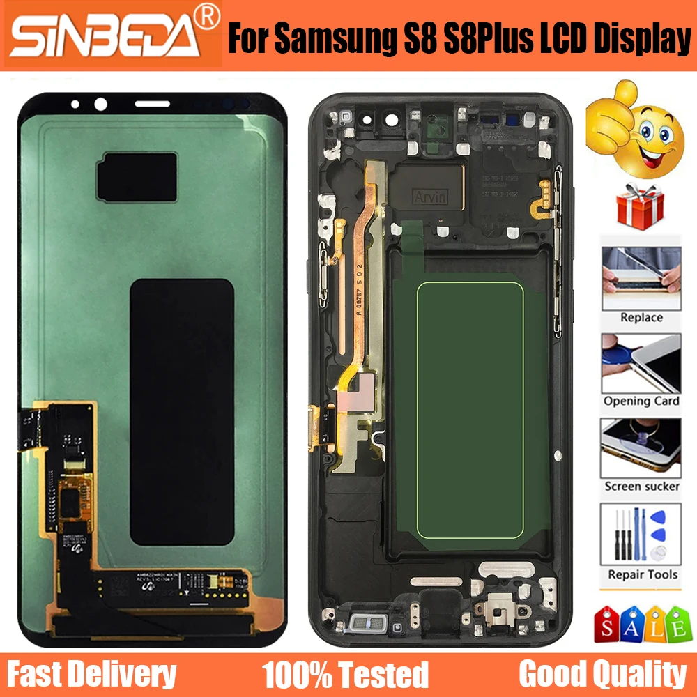 Sinbeda Super AMOLED LCD For SAMSUNG S8 G950 G950F Display S8 Plus G955 G955F LCD Touch Screen Digitizer Replacement With Frame