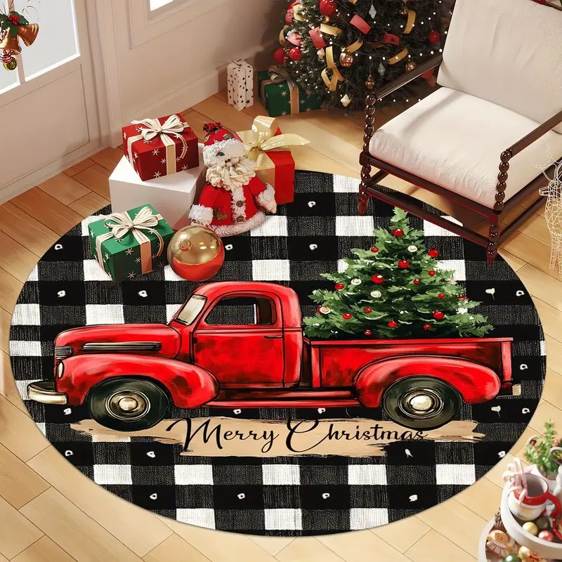 VIKAMA Christmas Round Rug Red Pickup Truck Xmas Tree Buffalo Plaid Print Soft Non Slip For Living Room Bedroom Dining Decor