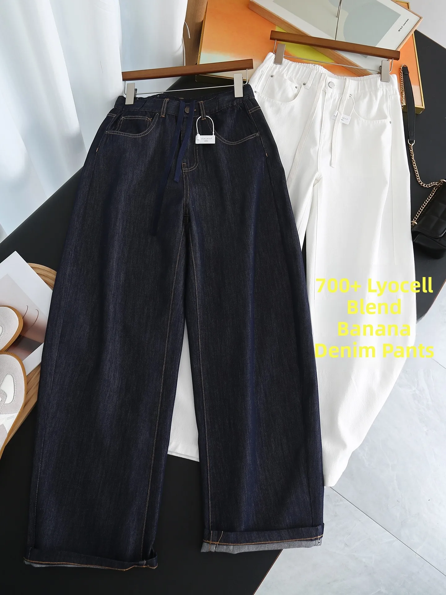 

High Waist Mixed Fabric Bananas Pants Women's Fashion Slimming Casual Cotton Trousers Autumn Season Ladies High Waist Jeans