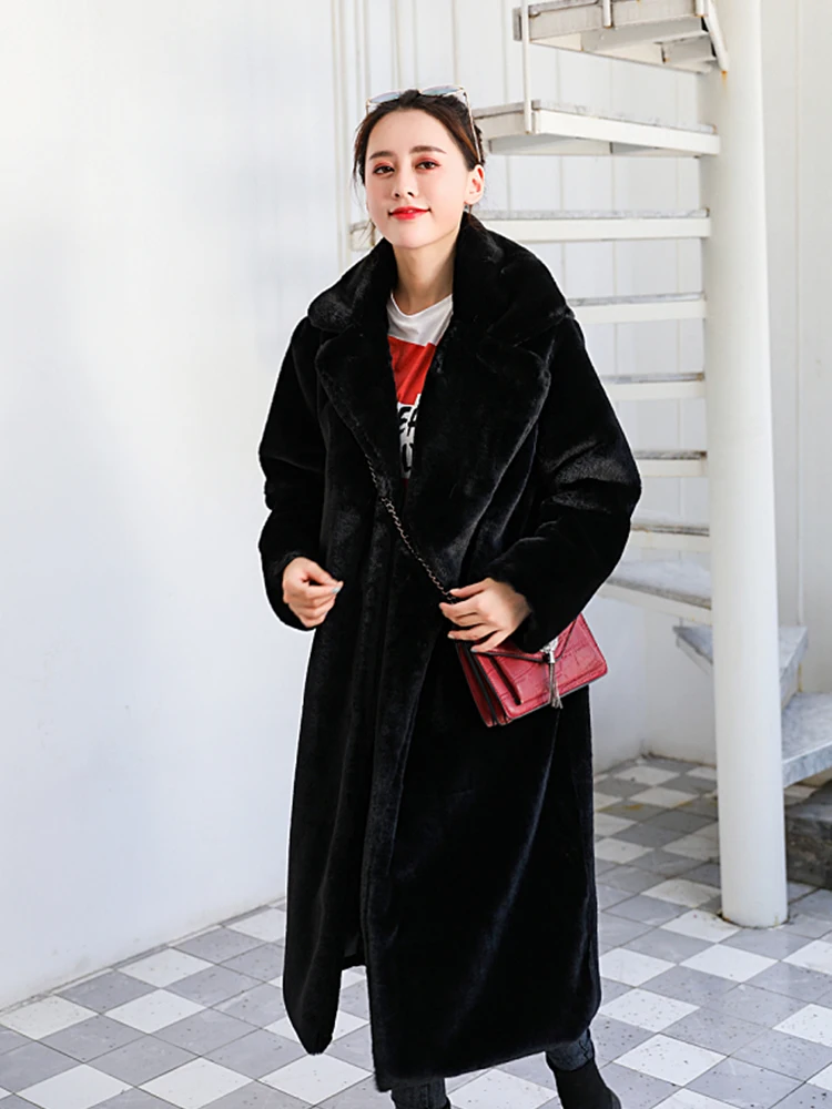 Nerazzurri Winter Long Thick Warm Soft Gray Black Faux Fur Coat Women Fluffy Furry Fake Fur Overscoat Korean Fashion 5xl 6xl 7xl