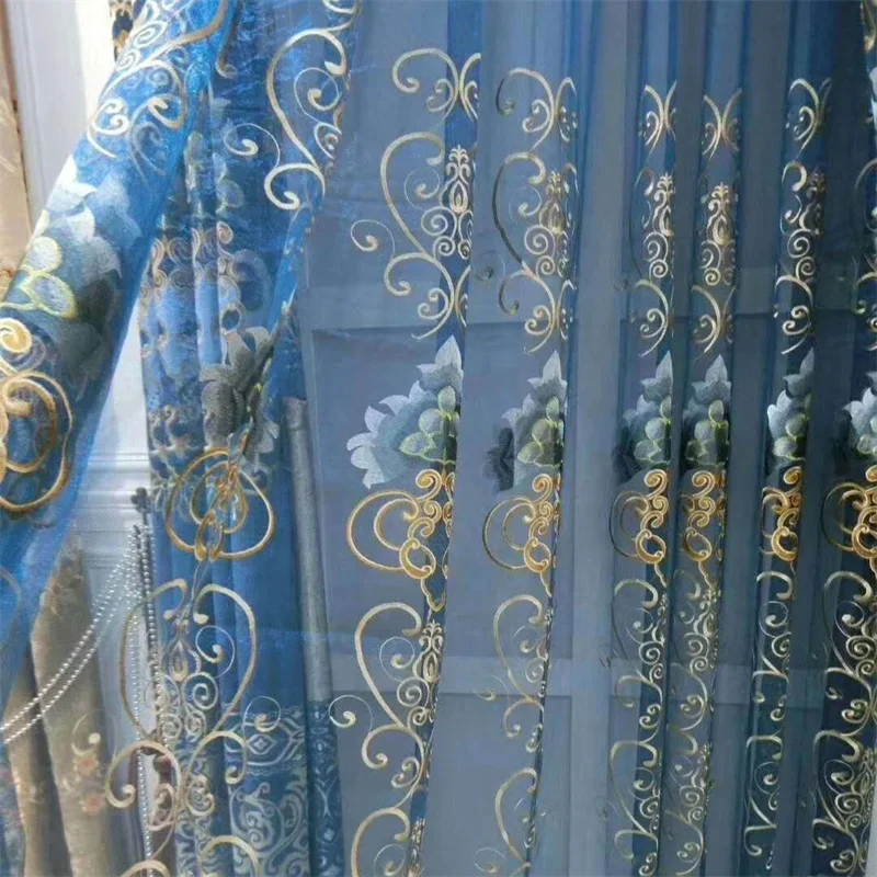 

Luxurious Blue Embroidered Chenille Gold Jacquard Hollow Semi-blackout Window Curtains for Living Dining Room Bedroom Villa Home