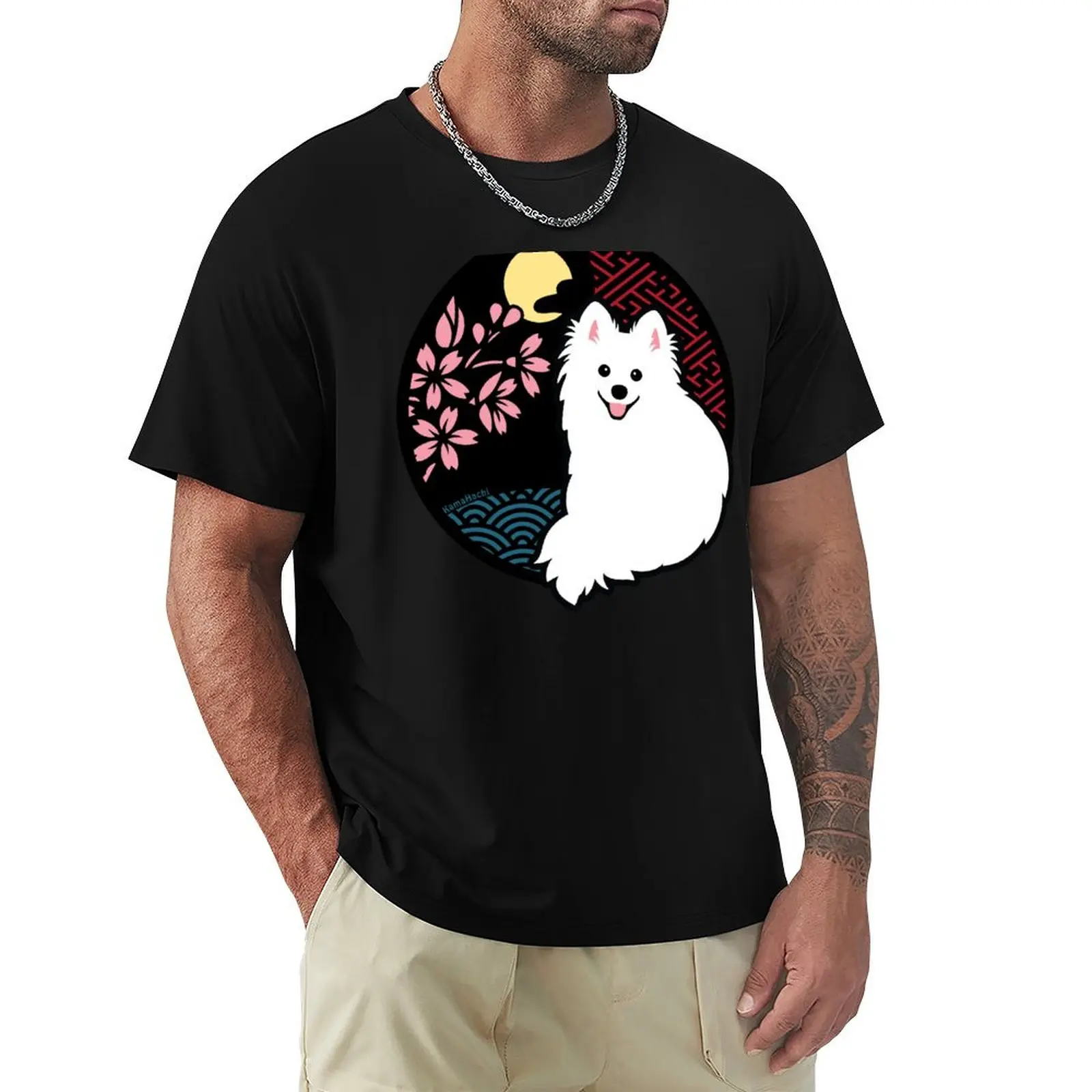 Happy Spitz Dog & Sakura - Japanese Kirie Paper Cutting Art Style (Black) T-Shirt Casual Street Style Short Sleeve Tee