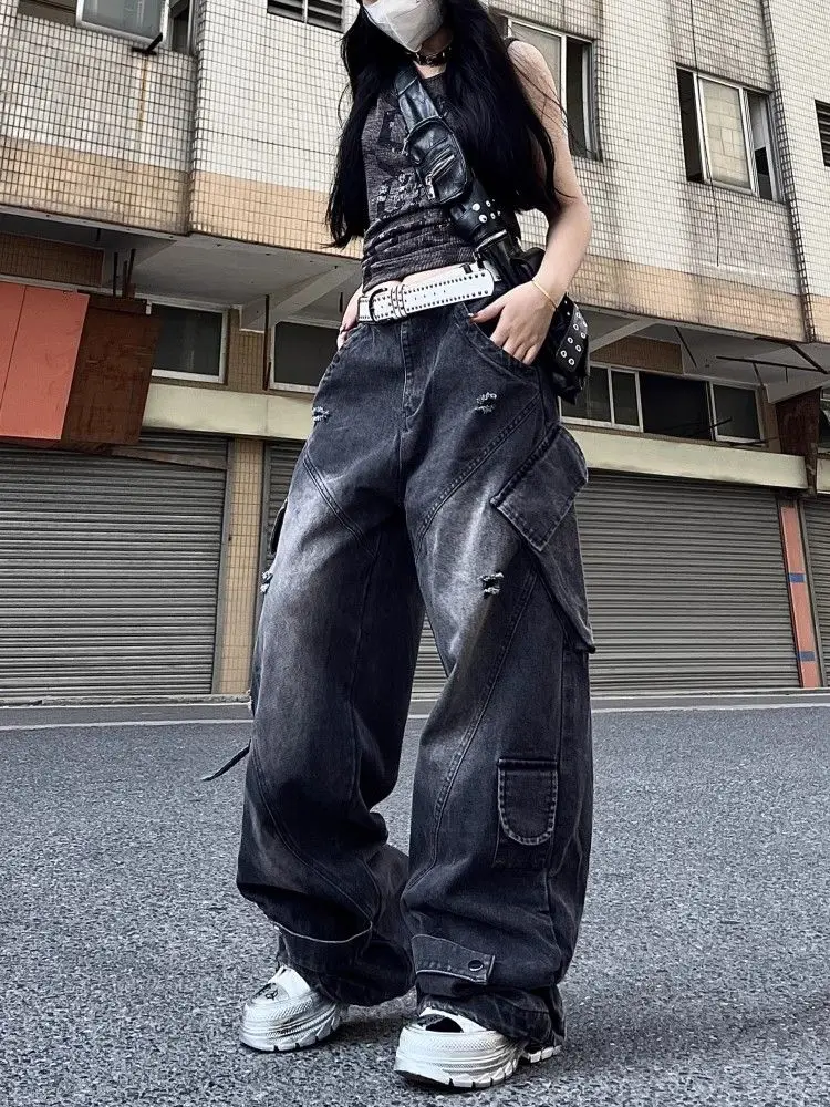 

American High Street Hip-hop Multi-pocket Jeans Women's Street Straight Work Clothes Wide-leg Pants Harajuku Fashion Y2k Baggy