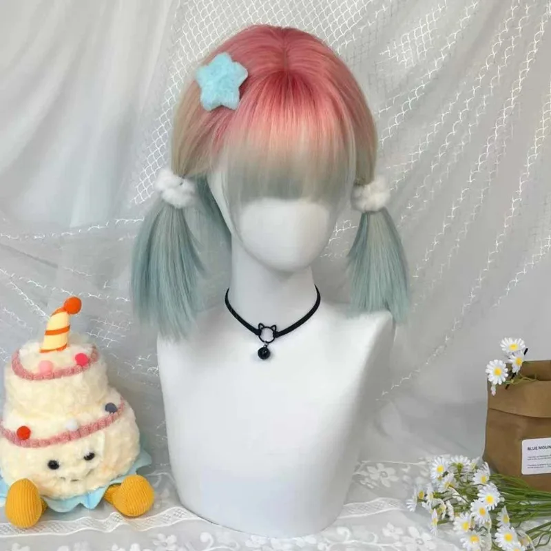 Halloween Anime Cosplay Wig Rainbow Bubble Short Straight Bobo Wig for Women Lolita Hair Carnival Party Roleplay Accessories