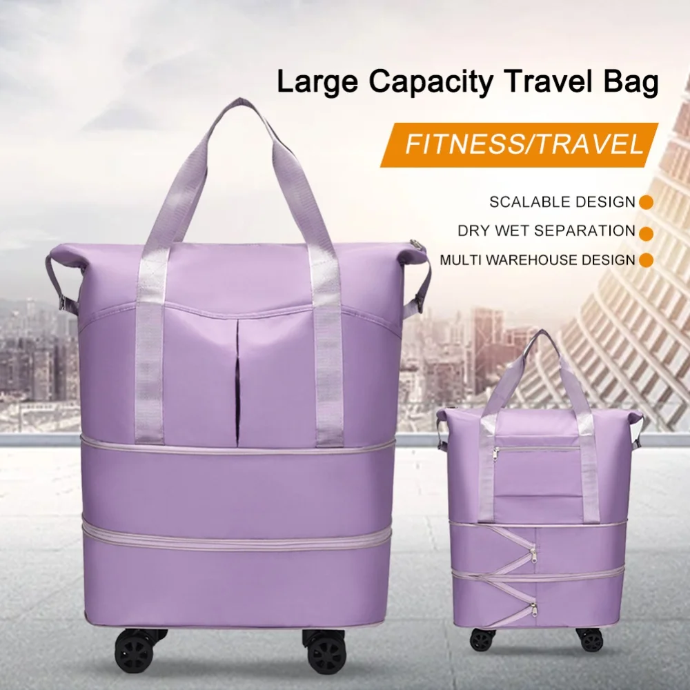 Foldable Travel Duffle Bag with Wheels Dry Wet Separation Large Capacity Duffle Bag Weekender Overnight Bag for Men and Women