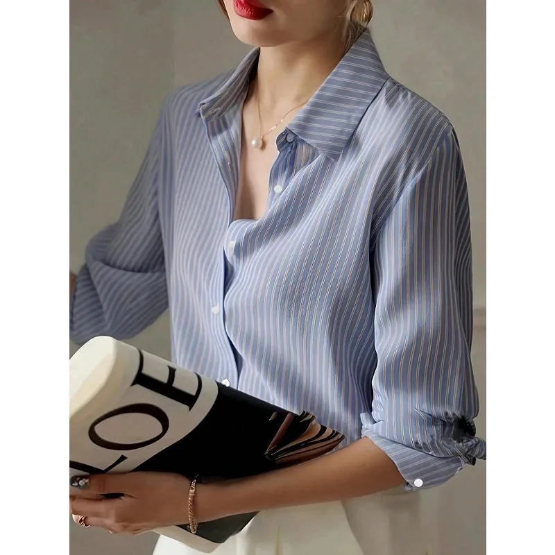 Plus Size 1XL-5XL New Women's Striped Shirt Long Sleeve Blue Shirt Autumn Gentle Chiffon Shirt Top image 3