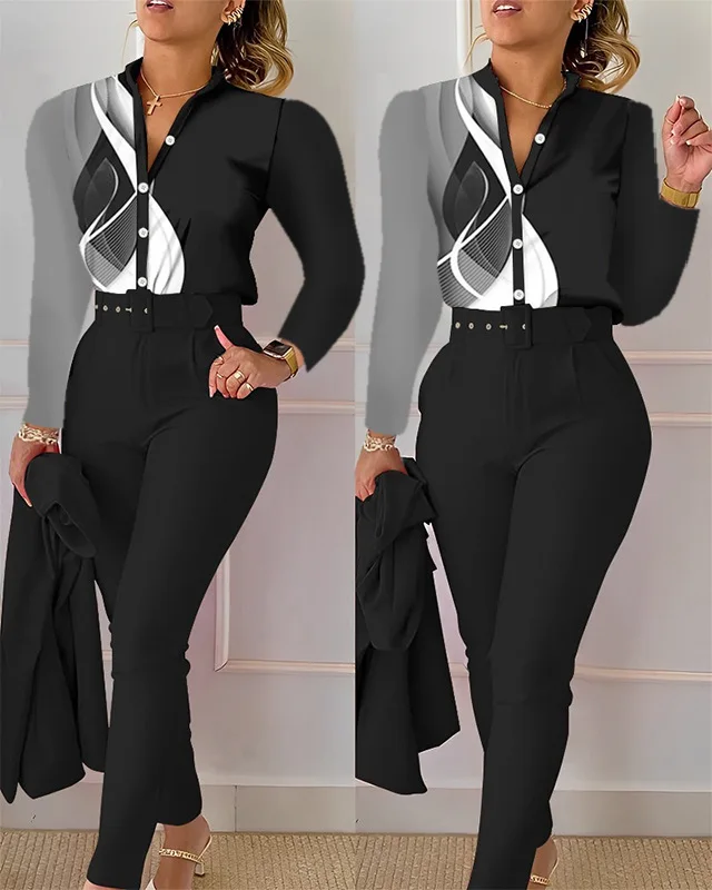 Elegante Frauen Hemd zweiteilige Set Anzüge fallen neue Mode druck Langarm Top schwarze Hose mit Gürtel Blusen weibliche Kleidung gesetzt