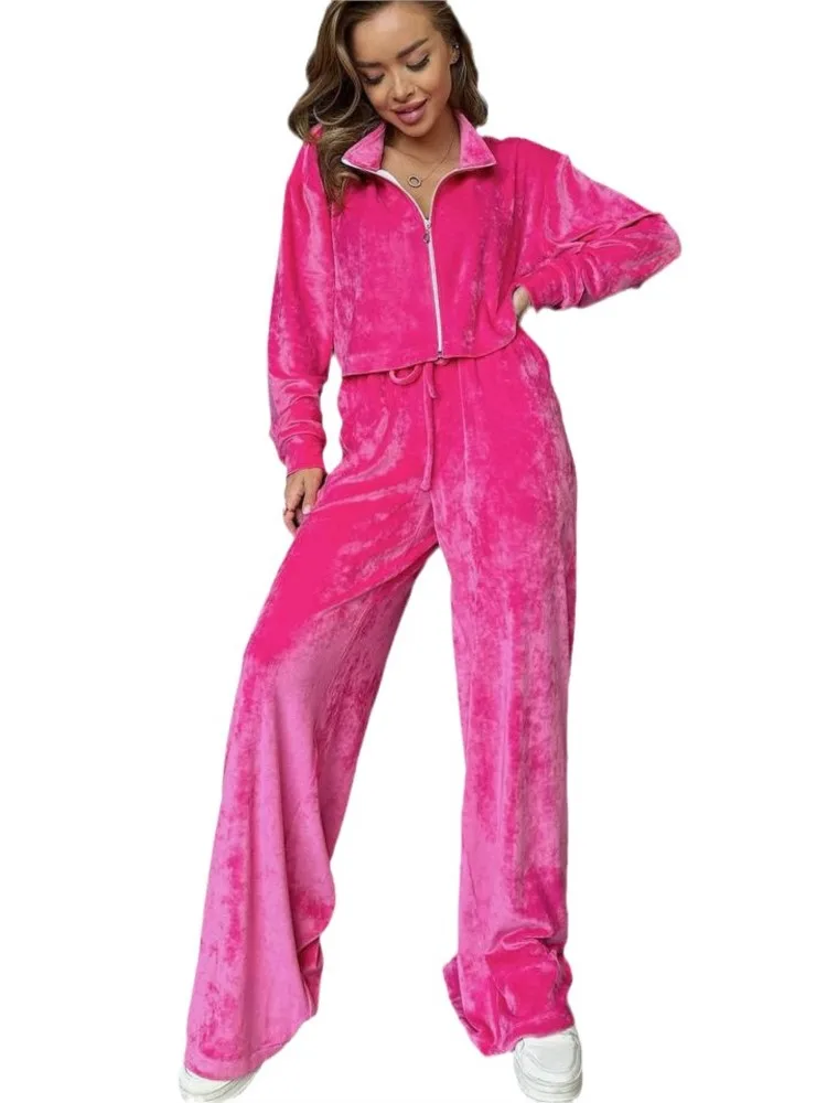 Autumn Winter Solid Velvet Two Piece Sets Women Outfits Tracksuit Zipper Long Sleeve Sweatshirts Top Wide Leg Pants Casual Suit
