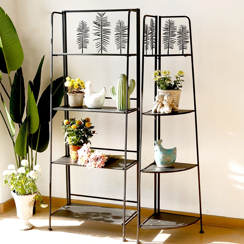 

Simple iron rack European wrought iron flower rack vertical corner black folding baffle shelf rack