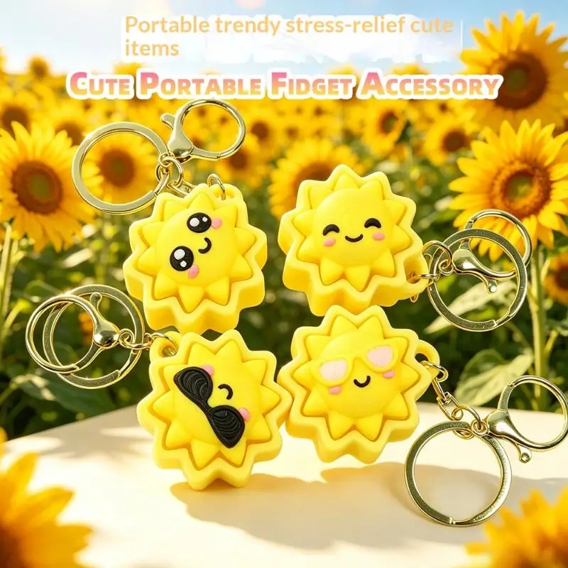 3D Printed Cute Cartoon Sun Fidget Clicker Keychain Stress Relief For Kids Gifts Backpack Decor Daily Carry