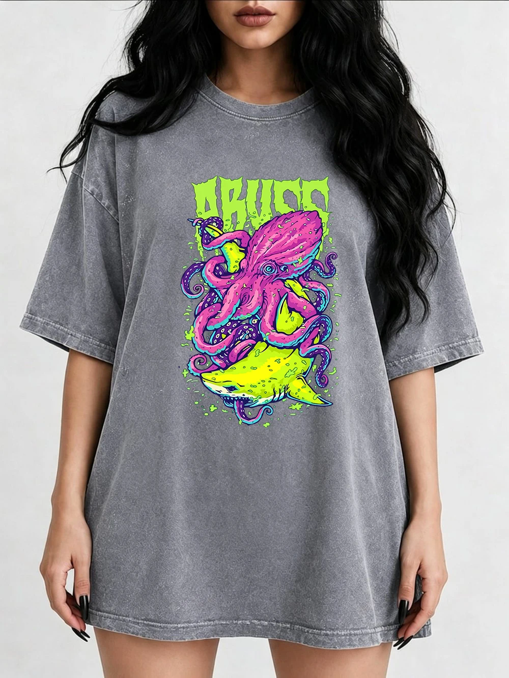 Abuzz Purple Squid Cotton Washed T-Shirts Womens Summer Oversized Tops Casual O-Neck Soft Short Sleeve T Shirt Basic Clothes