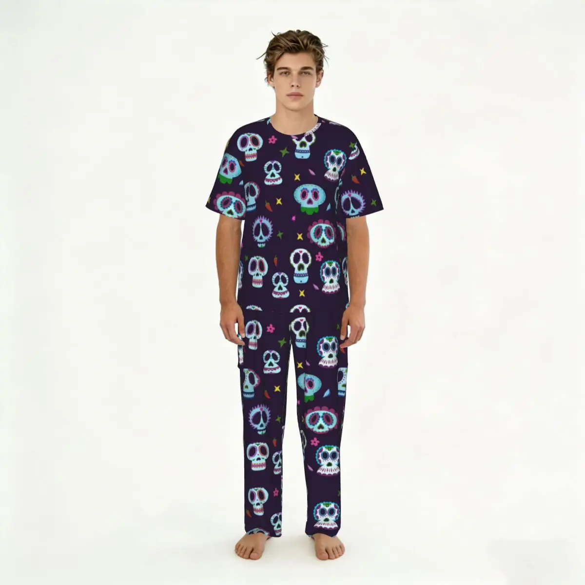 

Men's Casual Pajamas Sets Short Sleeve and Pants Sets Male Sleepwear Day Of The Dead Skulls Home Clothes
