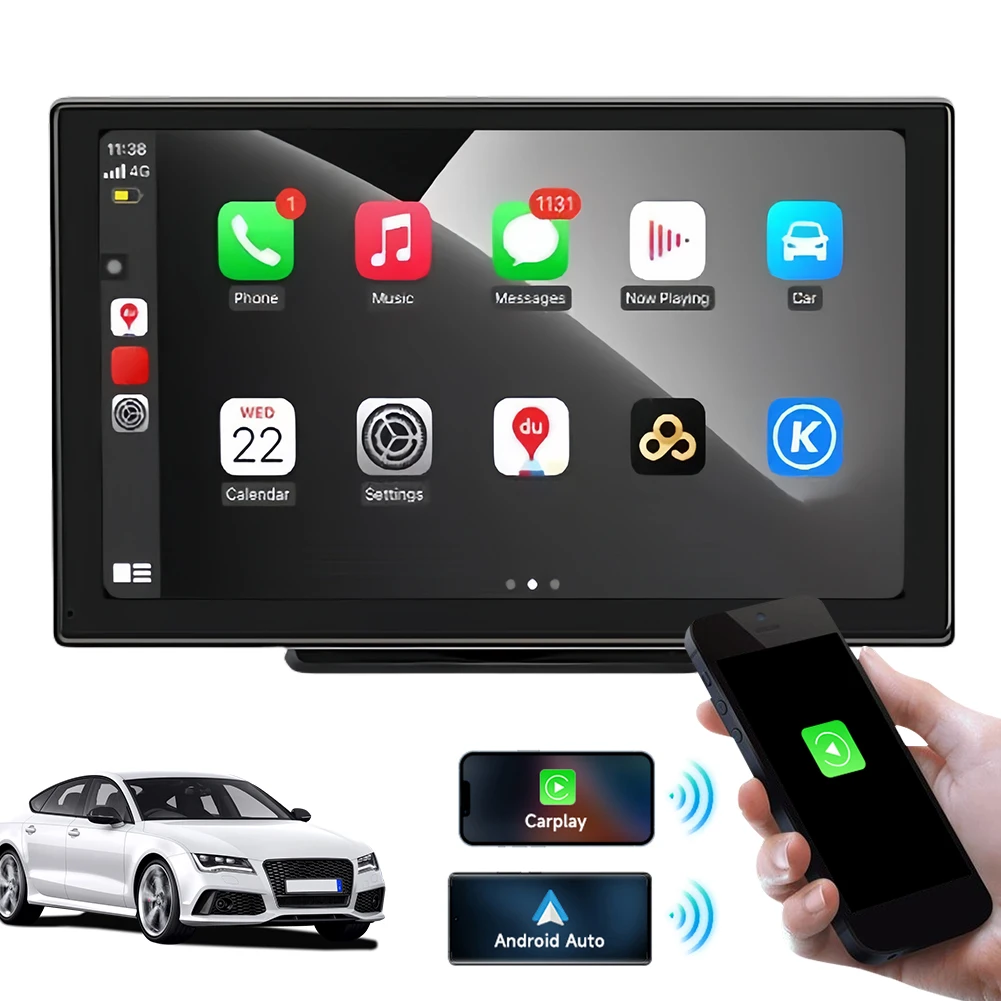 9inch Portable Wireless Carplay&Android Auto Car Radio with BT/Mirror Link/GPS Navigation/Aux/FM Touch Screen Car Stereo