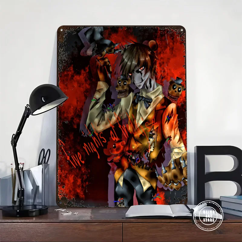 Five Nights At Freddy's Anime Poster Customized Vintage Metal Signs Wall Art Retro Tin Plaque for Gamer Decoration Gaming House