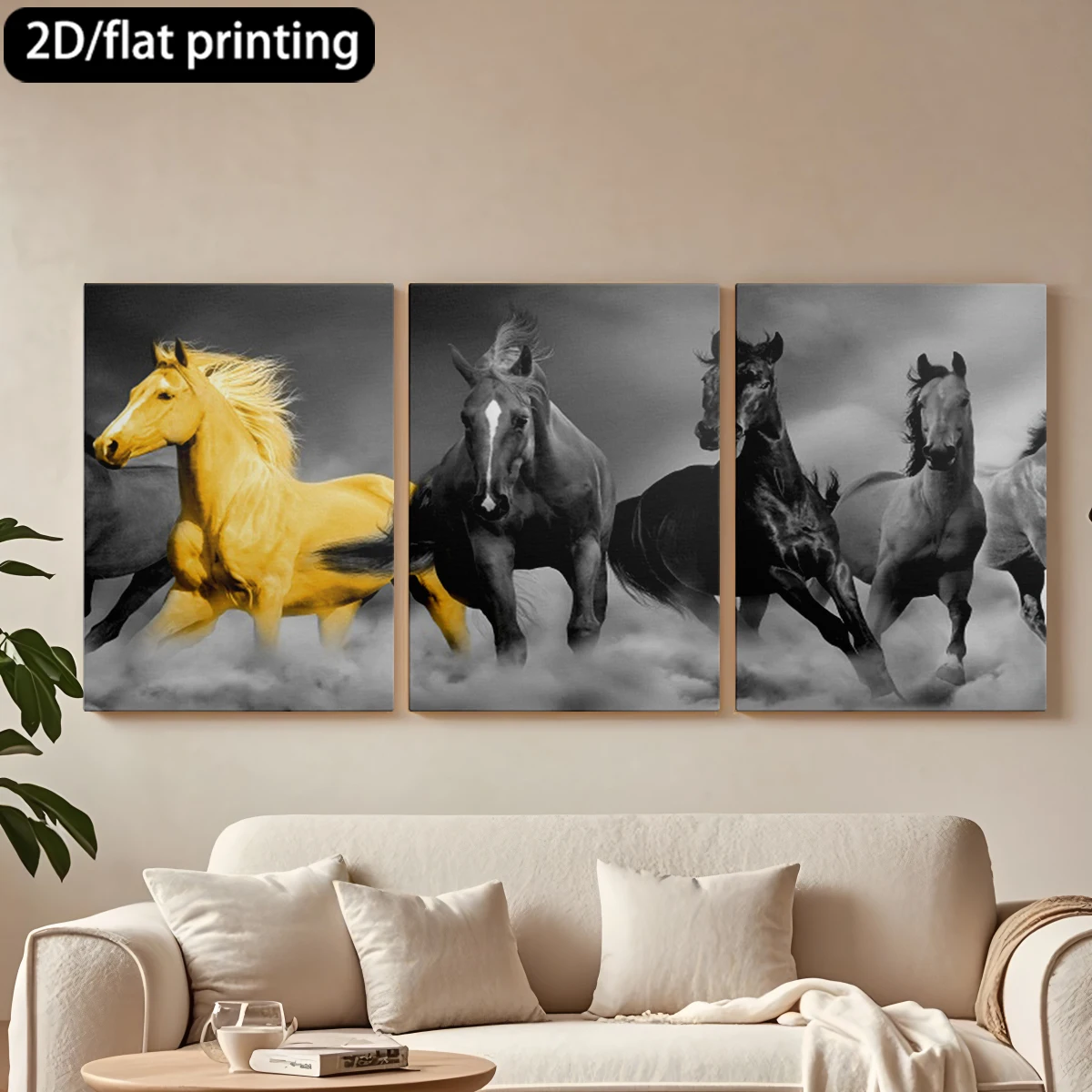 

Набор из 3 картин на холсте в деревянных рамах: скачущие лошади, динамичное визуальное искусство. Декор для коридора и спальни.