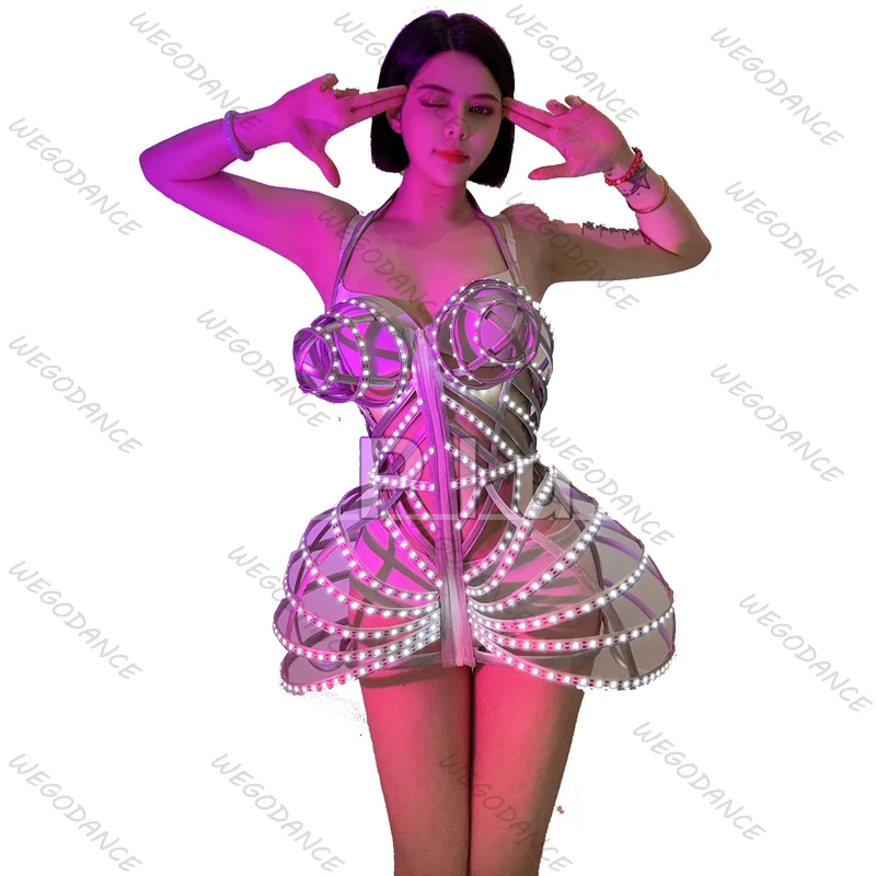 Nightclub Bar LED Singer DJ DS Dance Team Gogo Sexy Silver Glow Fishbone Skirt Performance Dress