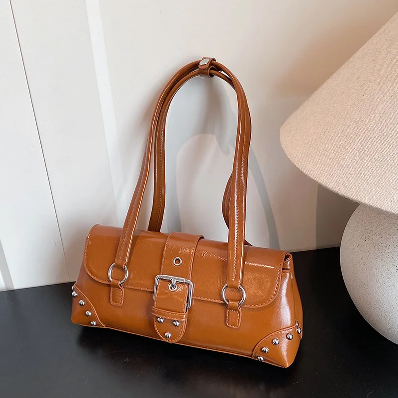 Retro Belt Rivet Design Women's PU Shoulder Bags Solid Color Textured Ladies Underarm Bag Versatile Female Flap Pillow Handbags